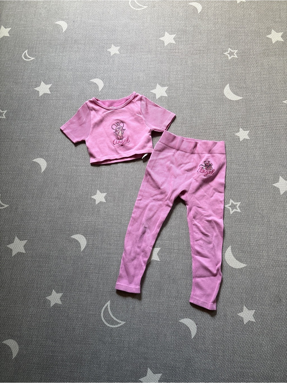 Primark Pink Ribbed Kids Two-Piece Pajama Set with Embroidered Cartoon